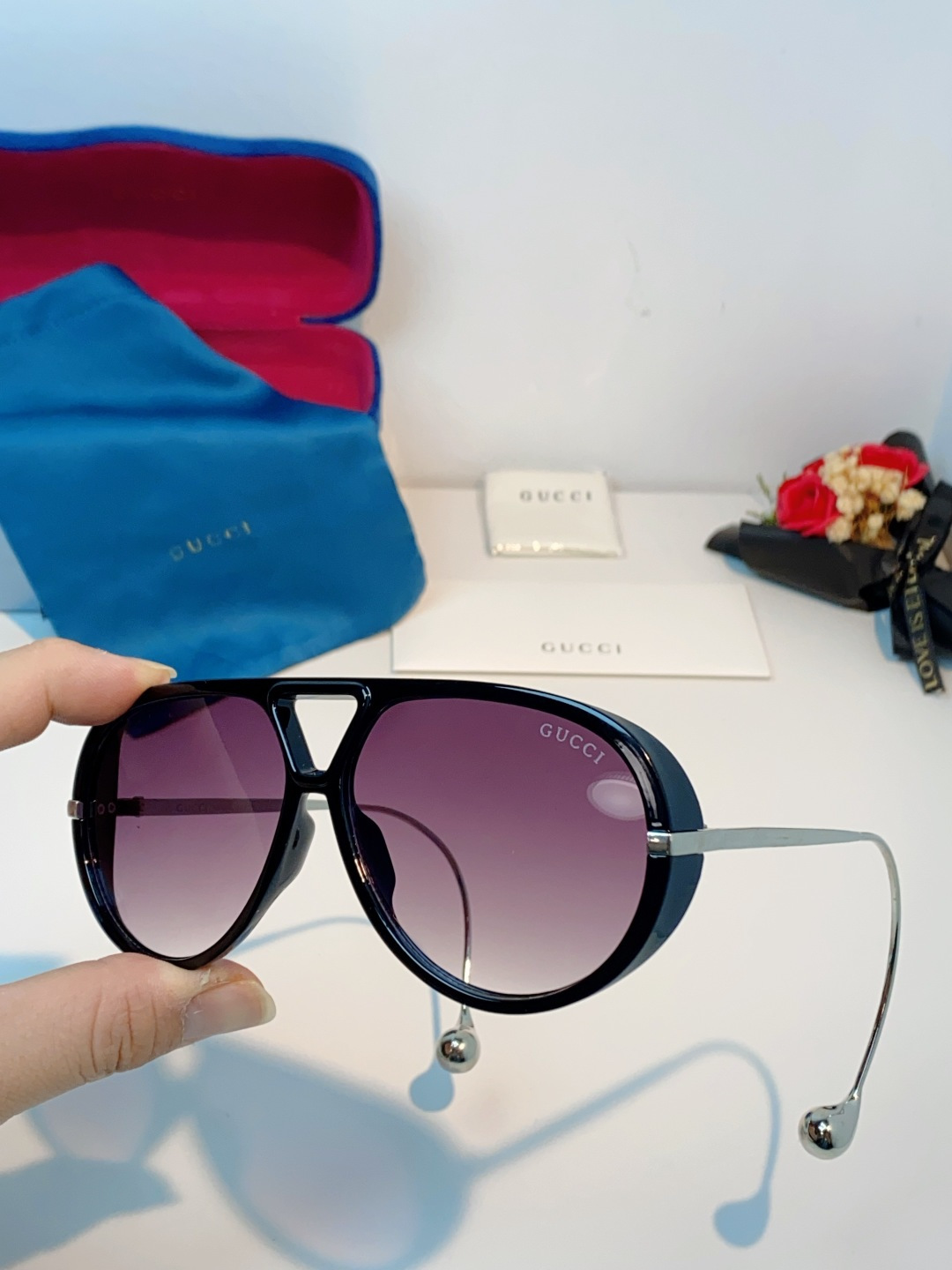 Gucci古奇 2026新款 欧美复古大框飞行员式双梁耳环吊坠太阳眼镜女圆脸蛤蟆镜嘻哈墨镜