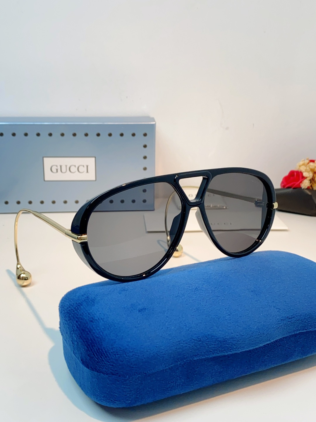 Gucci古奇 2026新款 欧美复古大框飞行员式双梁耳环吊坠太阳眼镜女圆脸蛤蟆镜嘻哈墨镜