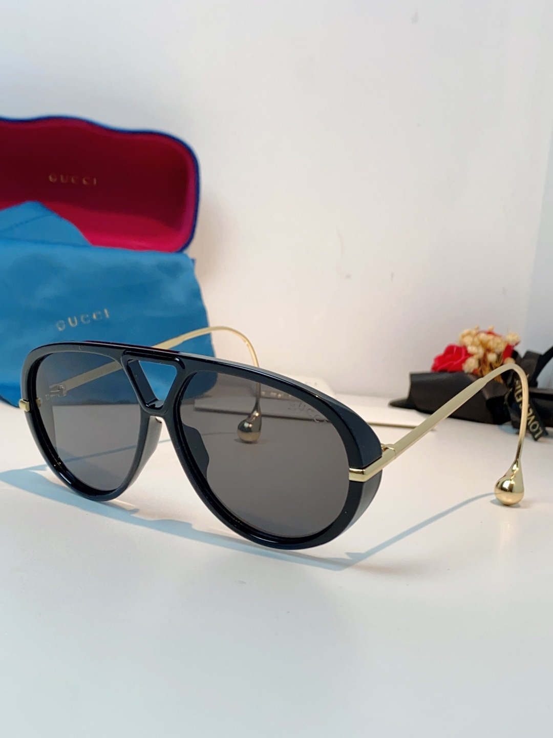 Gucci古奇 2026新款 欧美复古大框飞行员式双梁耳环吊坠太阳眼镜女圆脸蛤蟆镜嘻哈墨镜