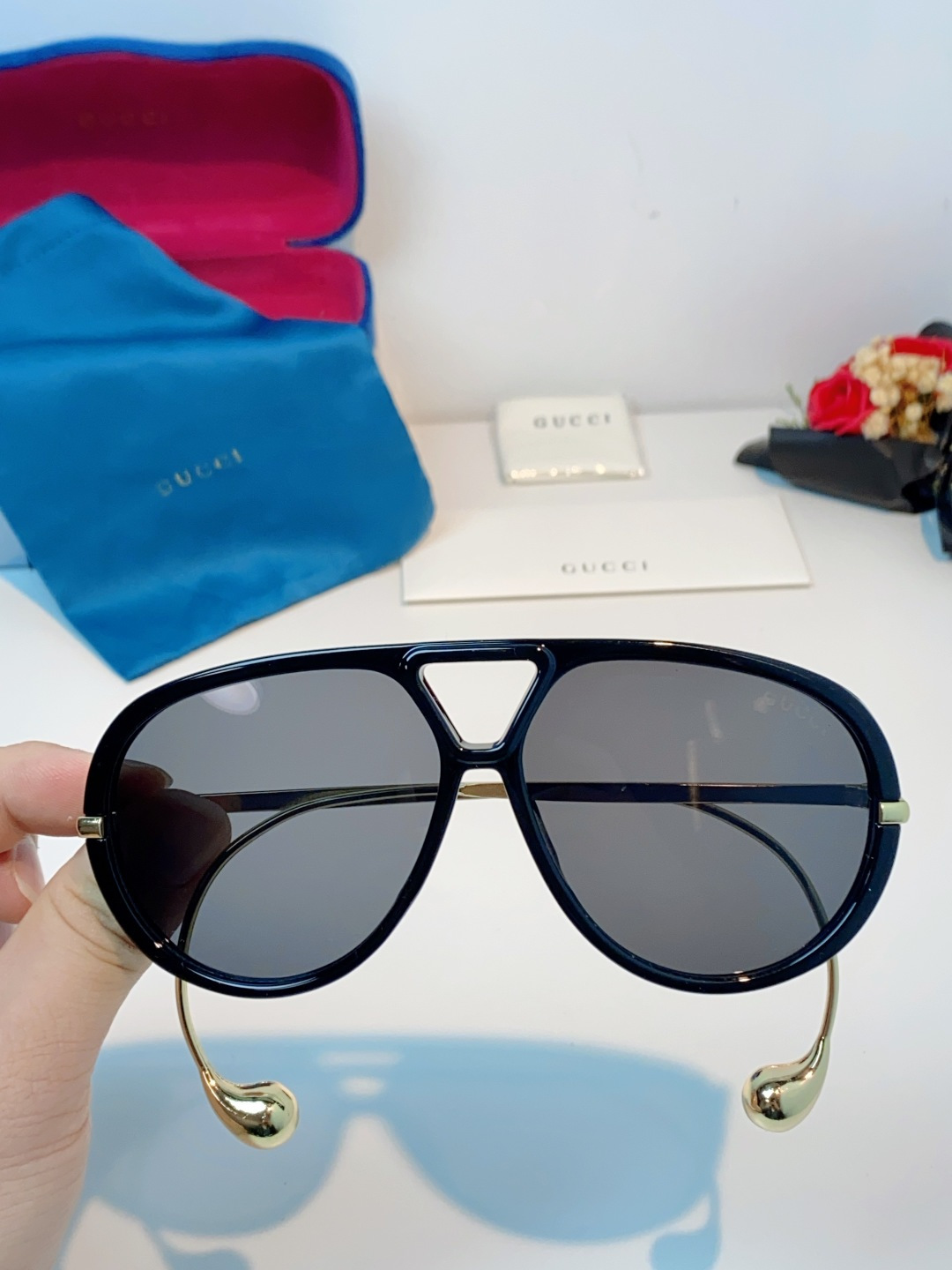 Gucci古奇 2026新款 欧美复古大框飞行员式双梁耳环吊坠太阳眼镜女圆脸蛤蟆镜嘻哈墨镜