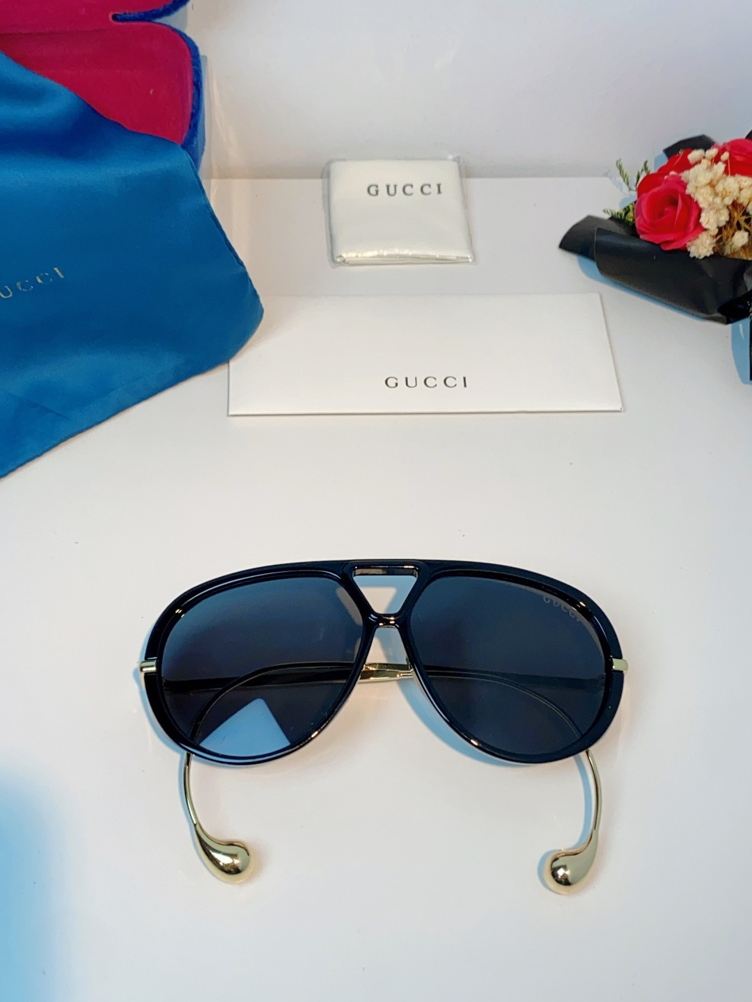 Gucci古奇 2026新款 欧美复古大框飞行员式双梁耳环吊坠太阳眼镜女圆脸蛤蟆镜嘻哈墨镜