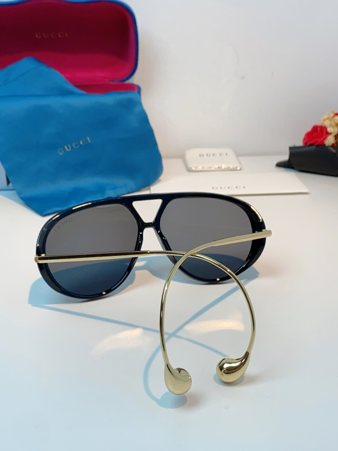 Gucci古奇 2026新款 欧美复古大框飞行员式双梁耳环吊坠太阳眼镜女圆脸蛤蟆镜嘻哈墨镜