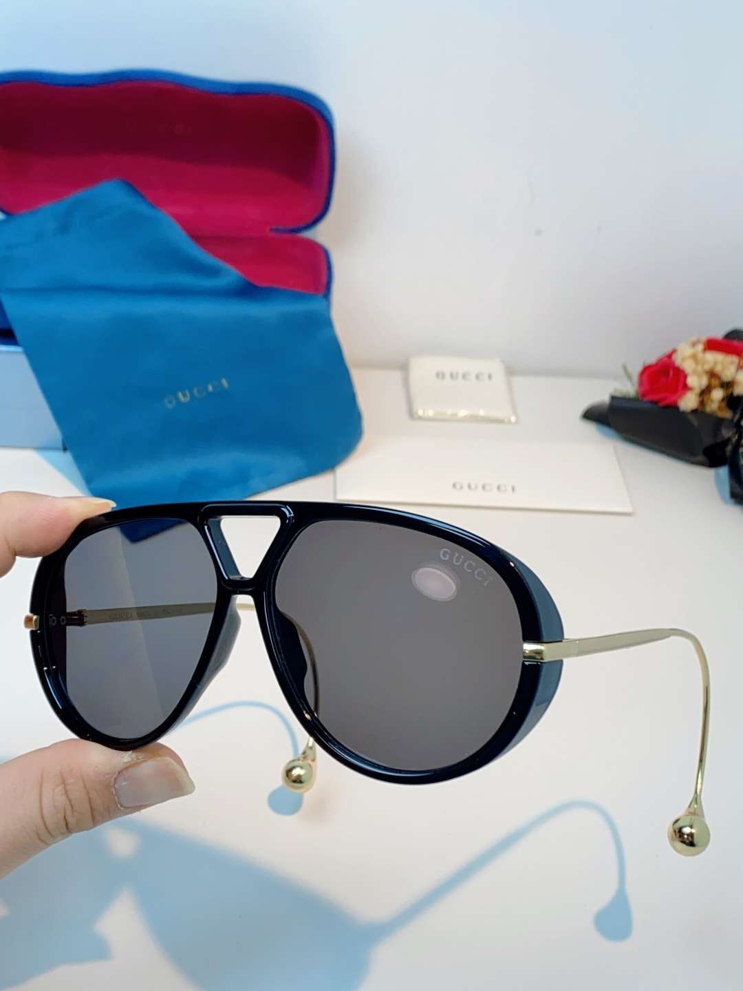 Gucci古奇 2026新款 欧美复古大框飞行员式双梁耳环吊坠太阳眼镜女圆脸蛤蟆镜嘻哈墨镜