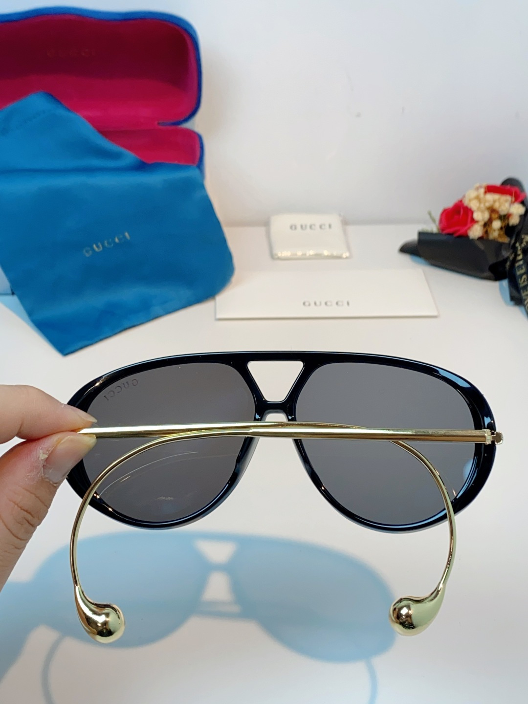 Gucci古奇 2026新款 欧美复古大框飞行员式双梁耳环吊坠太阳眼镜女圆脸蛤蟆镜嘻哈墨镜