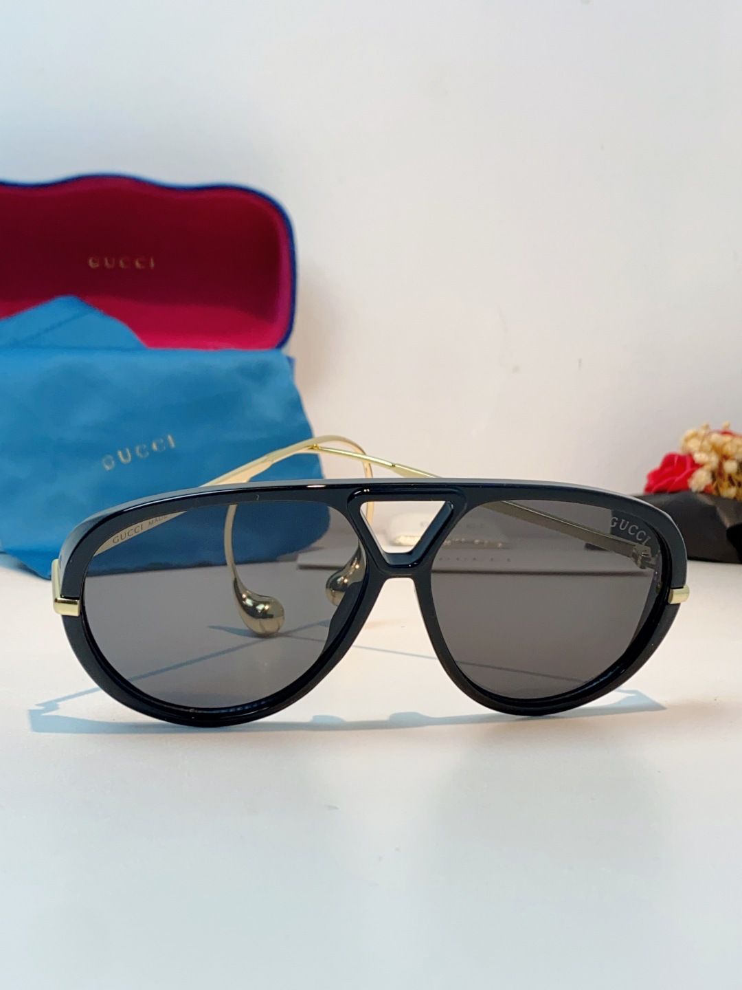 Gucci古奇 2026新款 欧美复古大框飞行员式双梁耳环吊坠太阳眼镜女圆脸蛤蟆镜嘻哈墨镜