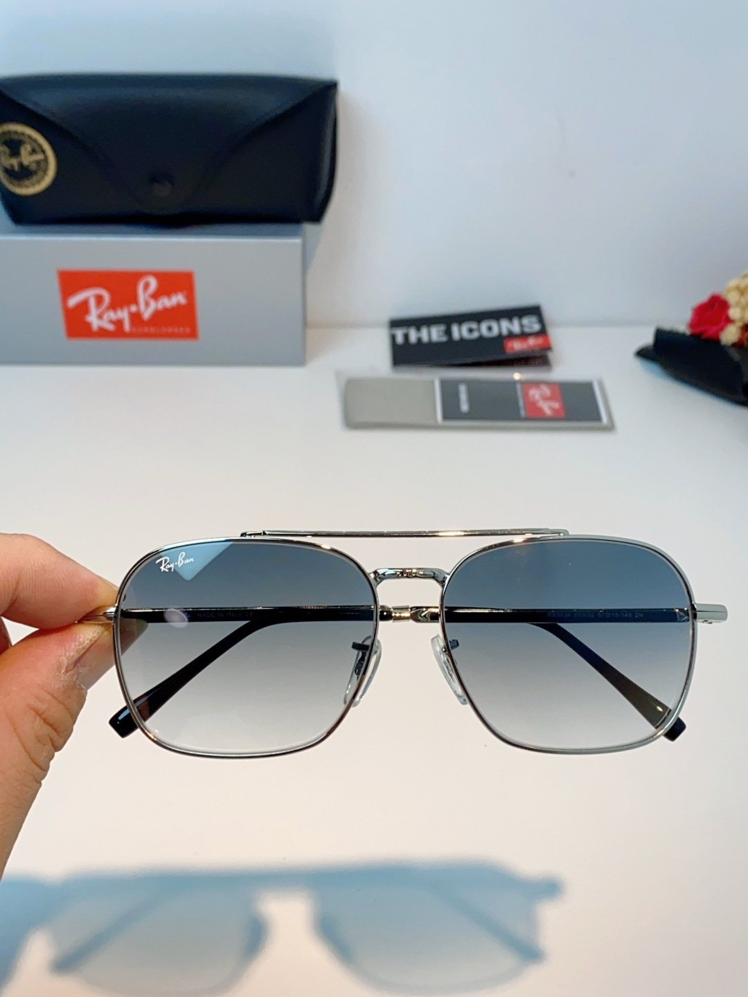 RayBan雷朋 太阳镜金属方形双梁眼镜男女开车防晒墨镜 Caravan 方形框金属太阳眼镜 RB363