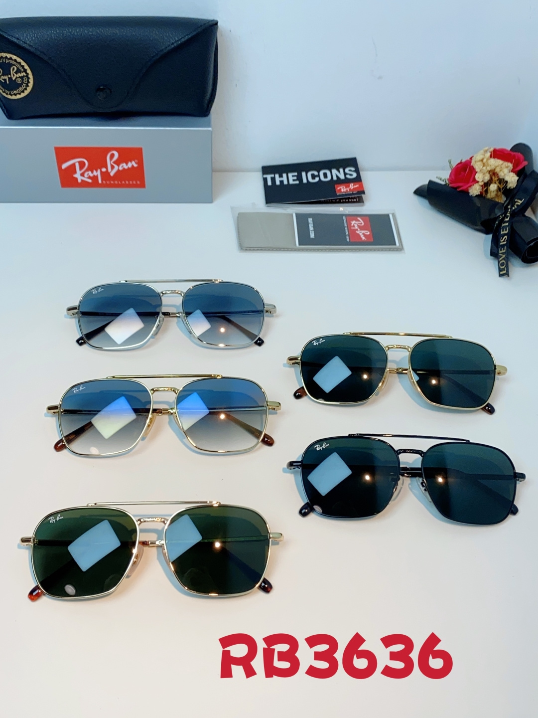 RayBan雷朋 太阳镜金属方形双梁眼镜男女开车防晒墨镜 Caravan 方形框金属太阳眼镜 RB363