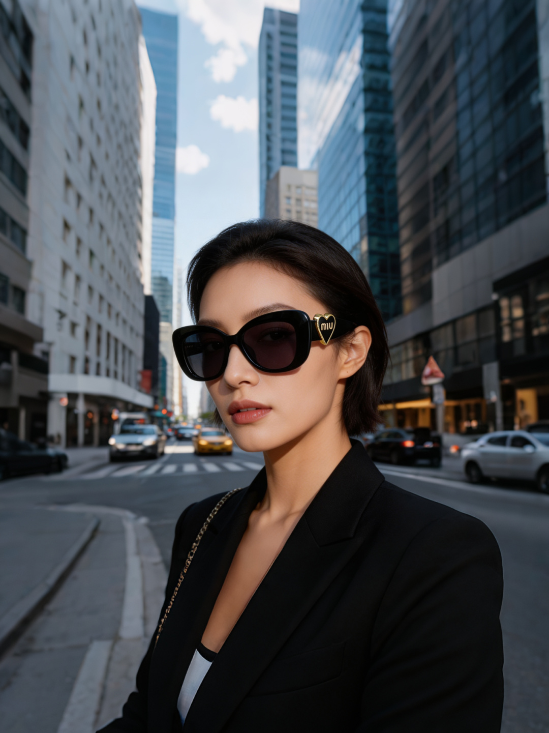 NO:826181,MiuMiu Sweet and Cool Cat-Eye Sunglasses | Unlock your high-street vibe. This pair of cat-eye sunglasses from Miu Miu is the key to fashion for sweet and cool girls. The classic cat-eye silhouette is paired with a bright black acetate frame, which is neat and retro; the heart-shaped rimmed Miu logo on the temples directly brings out the brand's playful girlish spirit, low-key and recognizable. Glasses, sunglasses, sunglasses, glasses, miumiu19860909MiuMiu缪缪 甜酷猫眼太阳镜 | 解锁你的高街氛围感 这副来自Miu Miu的猫眼太阳镜,是甜酷女孩的时尚密钥. 经典的猫眼廓形搭配亮黑醋酸纤维镜框,利落又复古；镜腿上的心形镶边Miu logo,把品牌的俏皮少女心直接拉满,低调又有辨识度.眼镜墨镜太阳镜,眼镜,miumiu,glasses