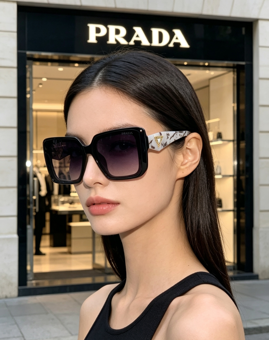 Prada普拉达 方框水晶墨镜｜轻奢氛围感封神单品，经典大框方形版型，利落修饰脸型，秒藏颧骨、下颌棱角，