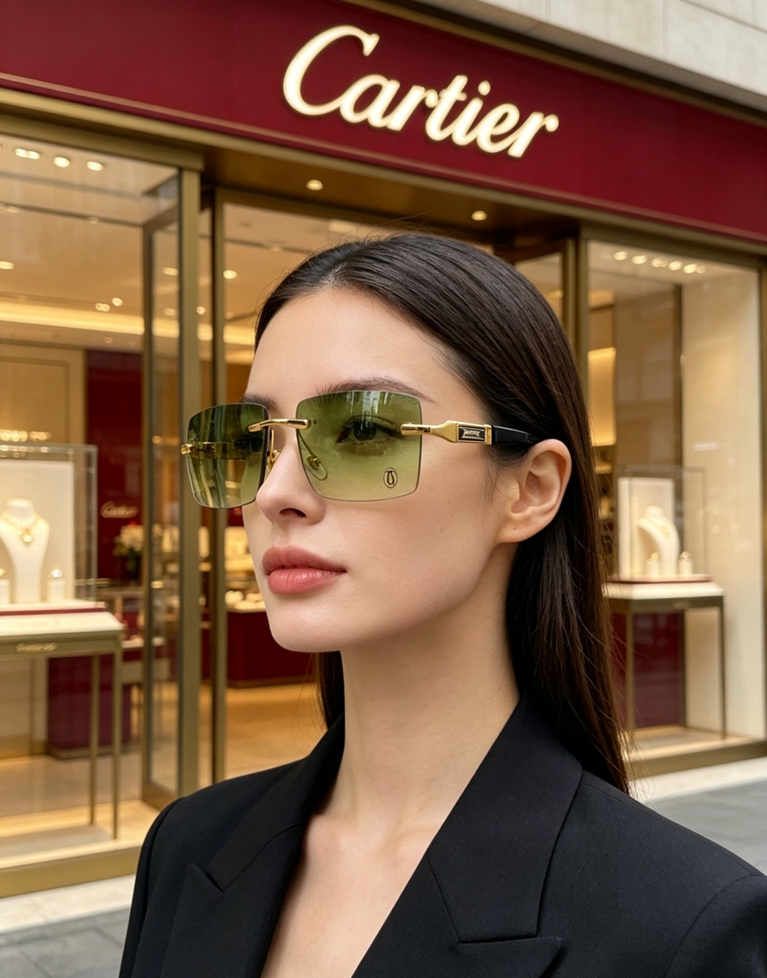 Cartier卡地亚 2026新款 欧美复古窄框长方形无框切边墨镜男女潮人小脸显瘦太阳眼镜