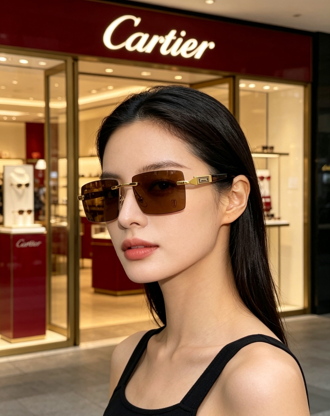 Cartier卡地亚 2026新款 欧美复古窄框长方形无框切边墨镜男女潮人小脸显瘦太阳眼镜