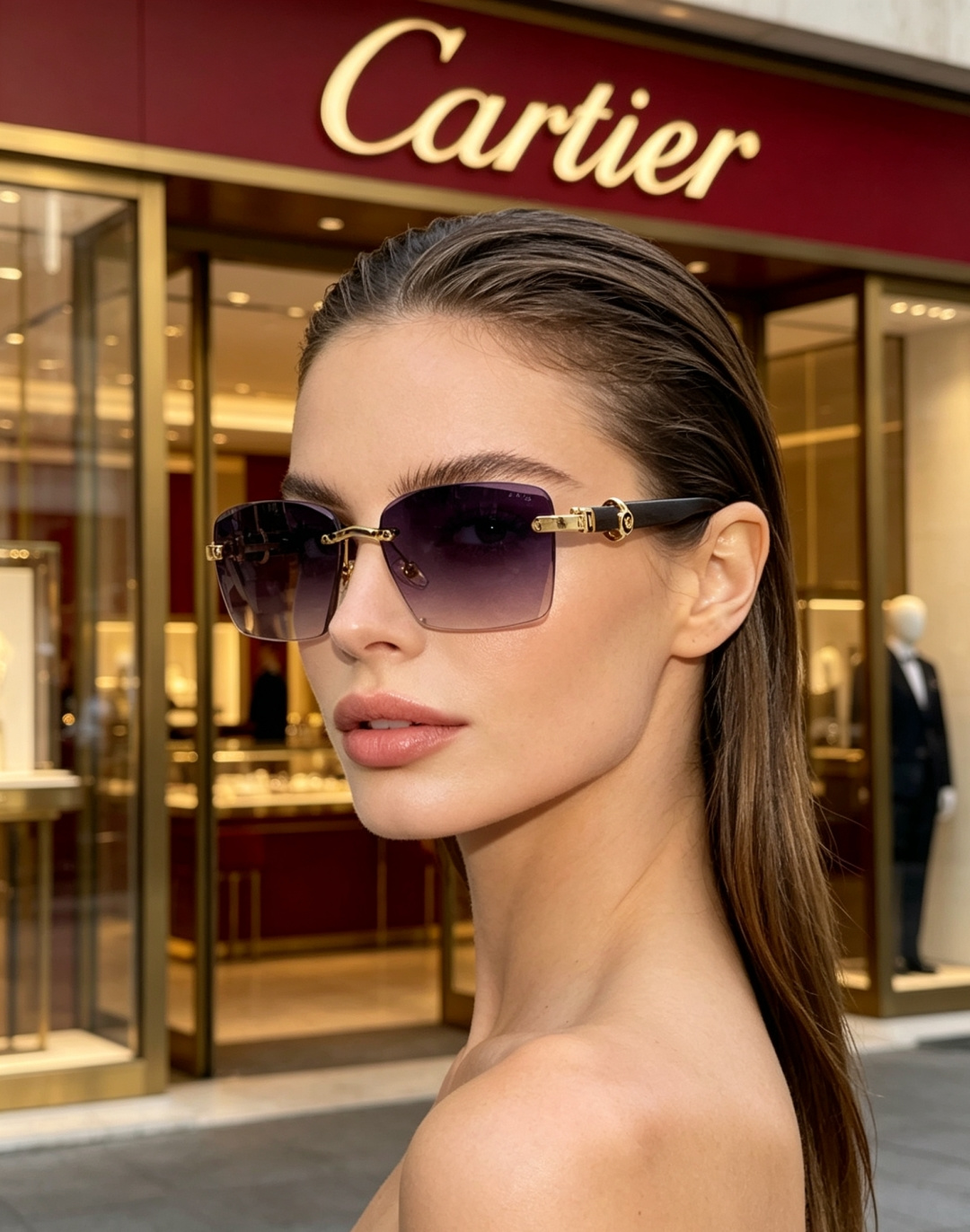 Cartier卡地亚 2026新款夏季风｜金饰木纹无框太阳镜。标志性金饰锁扣细节，搭配天然质感木纹镜腿，