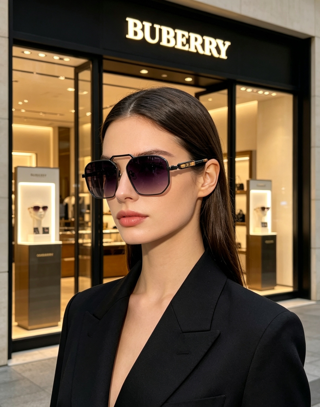 Burberry巴宝莉 英伦格调双梁太阳镜，将品牌标志性格纹元素融入设计细节。独特多边形镜框搭配精致金色