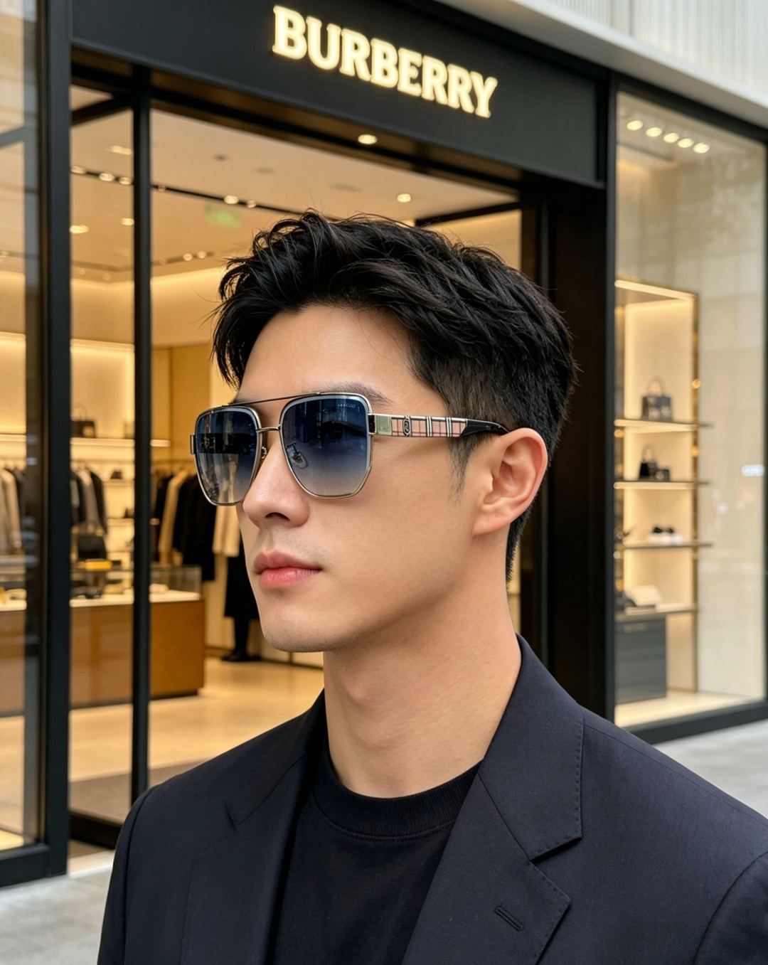 Burberry巴宝莉 2026新款双梁男士方框墨镜，纯正英伦格调，经典格纹再度回归，亮泽金边勾勒利落方