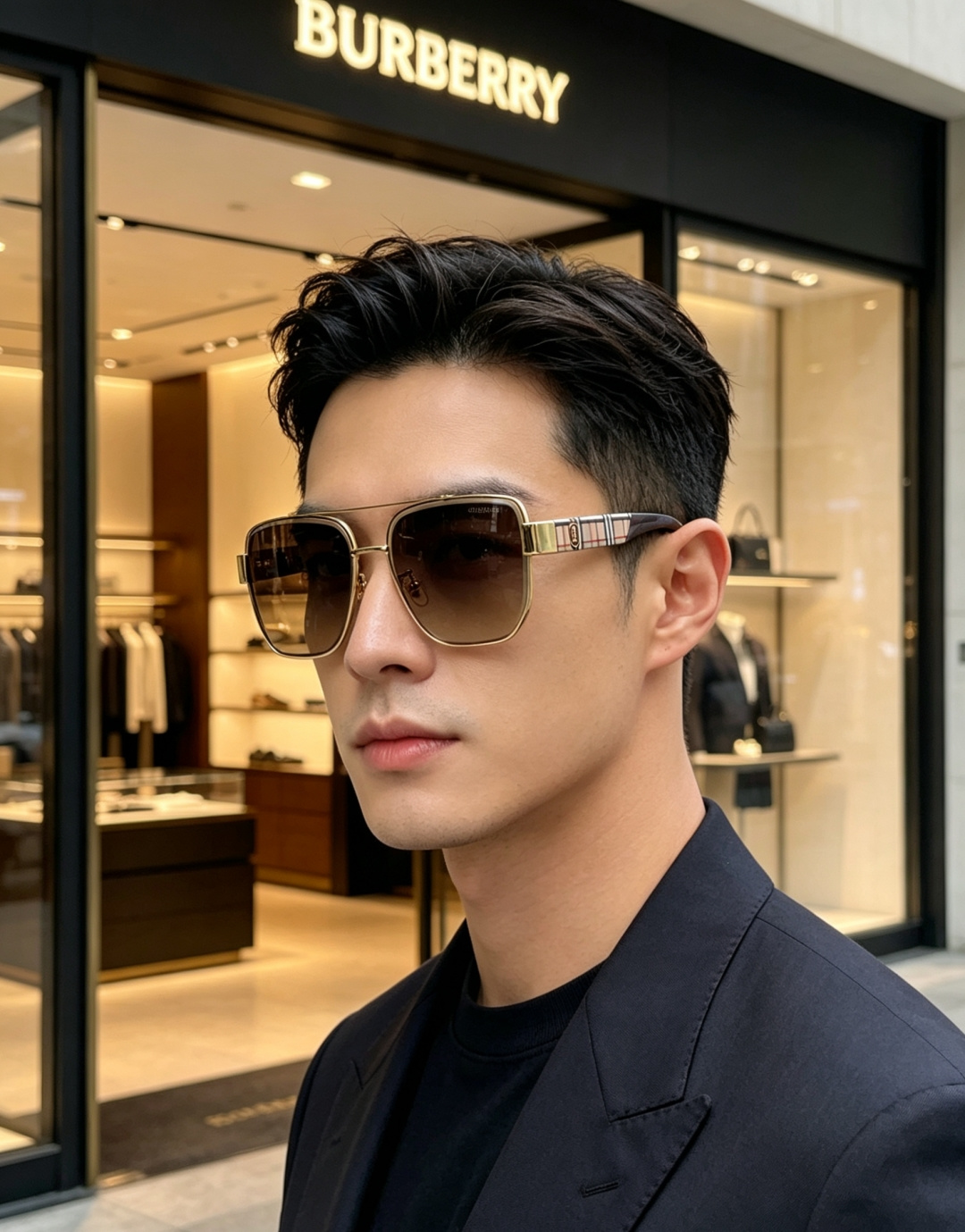 Burberry巴宝莉 2026新款双梁男士方框墨镜，纯正英伦格调，经典格纹再度回归，亮泽金边勾勒利落方