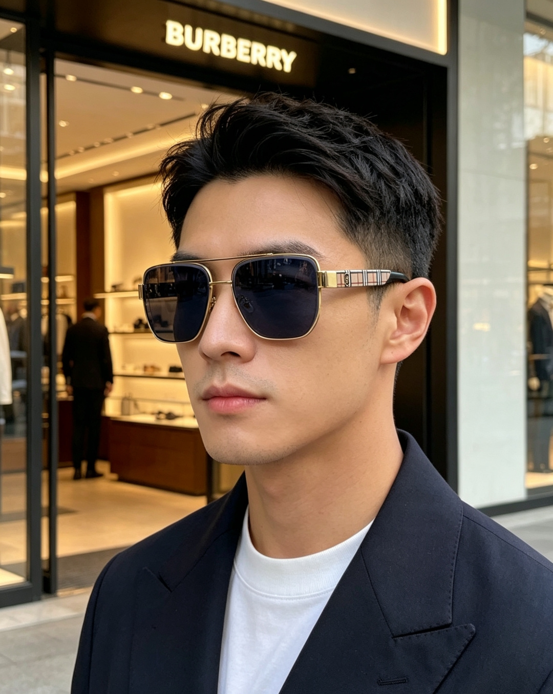 Burberry巴宝莉 2026新款双梁男士方框墨镜，纯正英伦格调，经典格纹再度回归，亮泽金边勾勒利落方