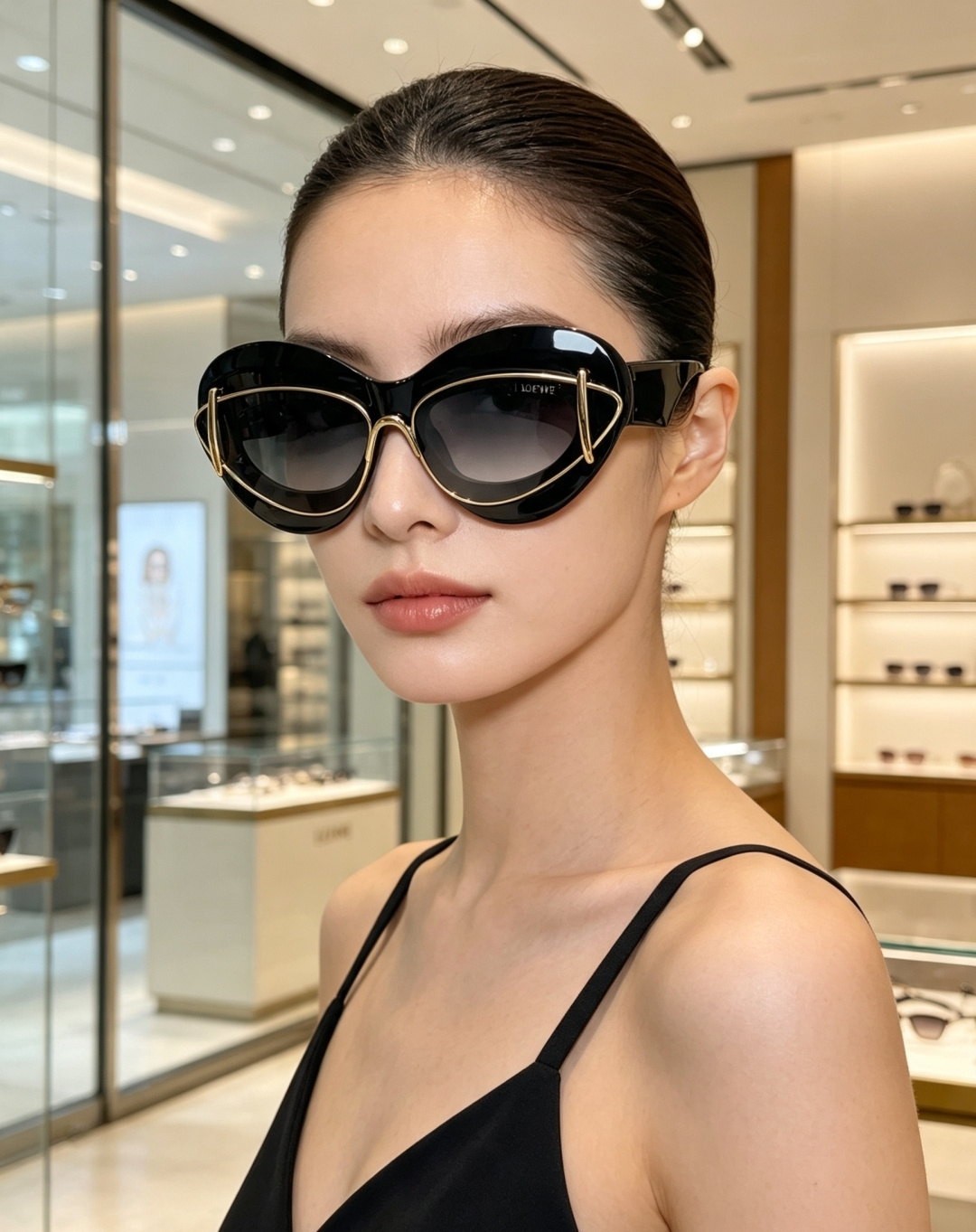 ▫️Loewe罗意威 2026新款双层镂空猫眼墨镜，流体椭圆框+双层金属金边，小众不撞款 上扬猫眼巨修饰脸型，深灰镜片防