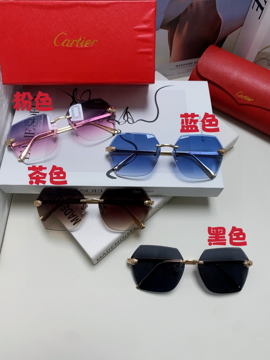 Cartier卡地亚 2026新款无框太阳镜女 经典豹子镜腿🐆 钻石切边高级感渐变色墨镜大框 