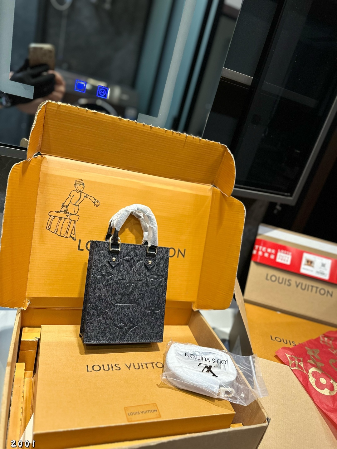 Louis Vuitton Black Leather Embossed Monogram Tote Bag with Strap