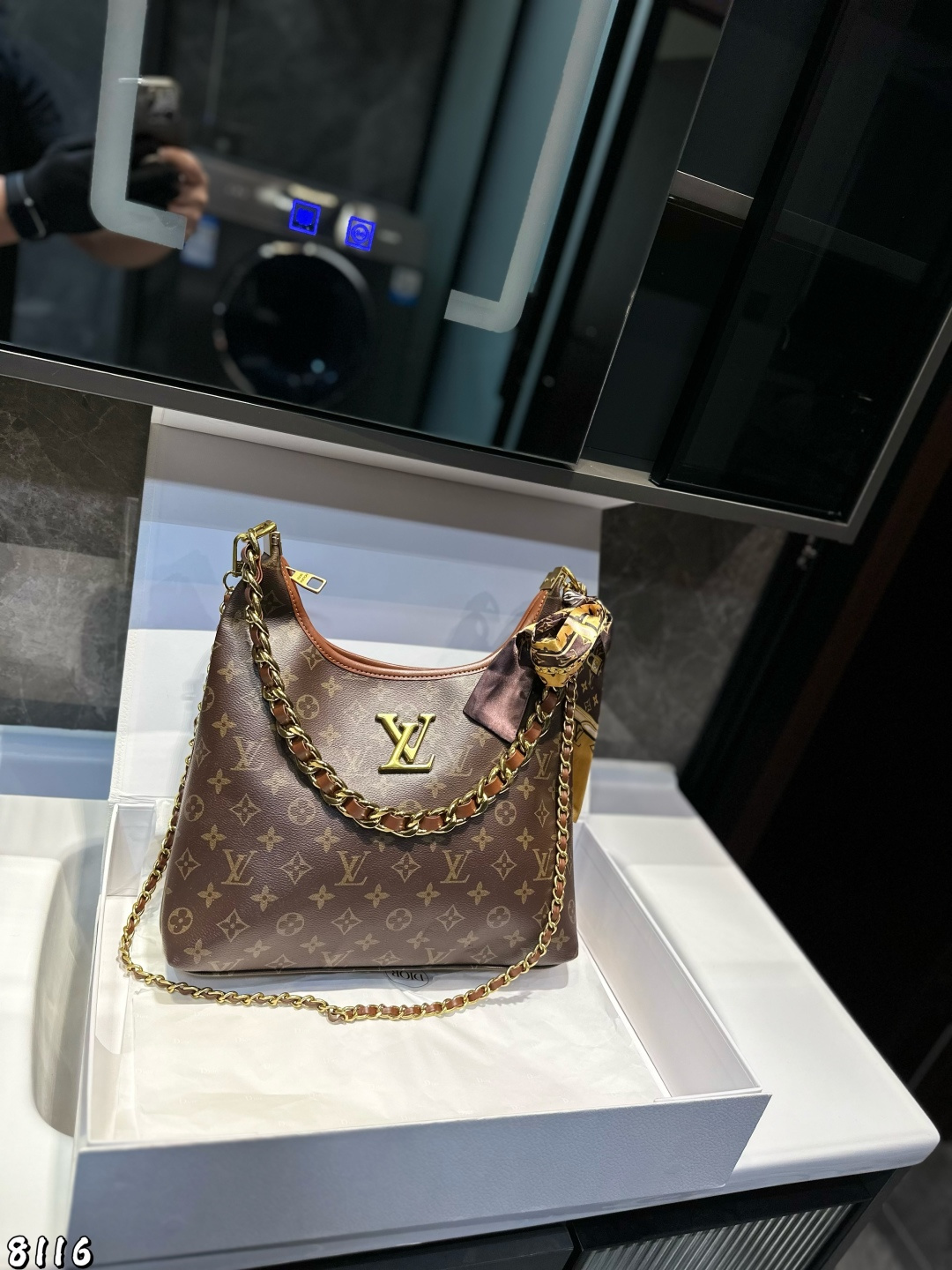 Louis Vuitton Inspired Monogram Empreinte Leather Bucket Bag with Chain