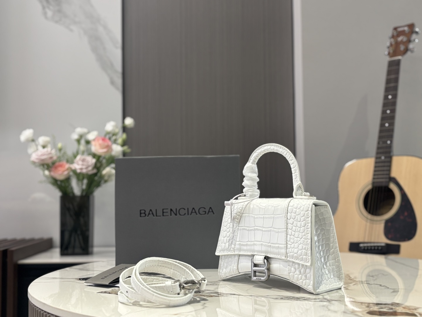 Balenciaga Hourglass Top Handle Bag, Crocodile Embossed Leather In White, 19cm