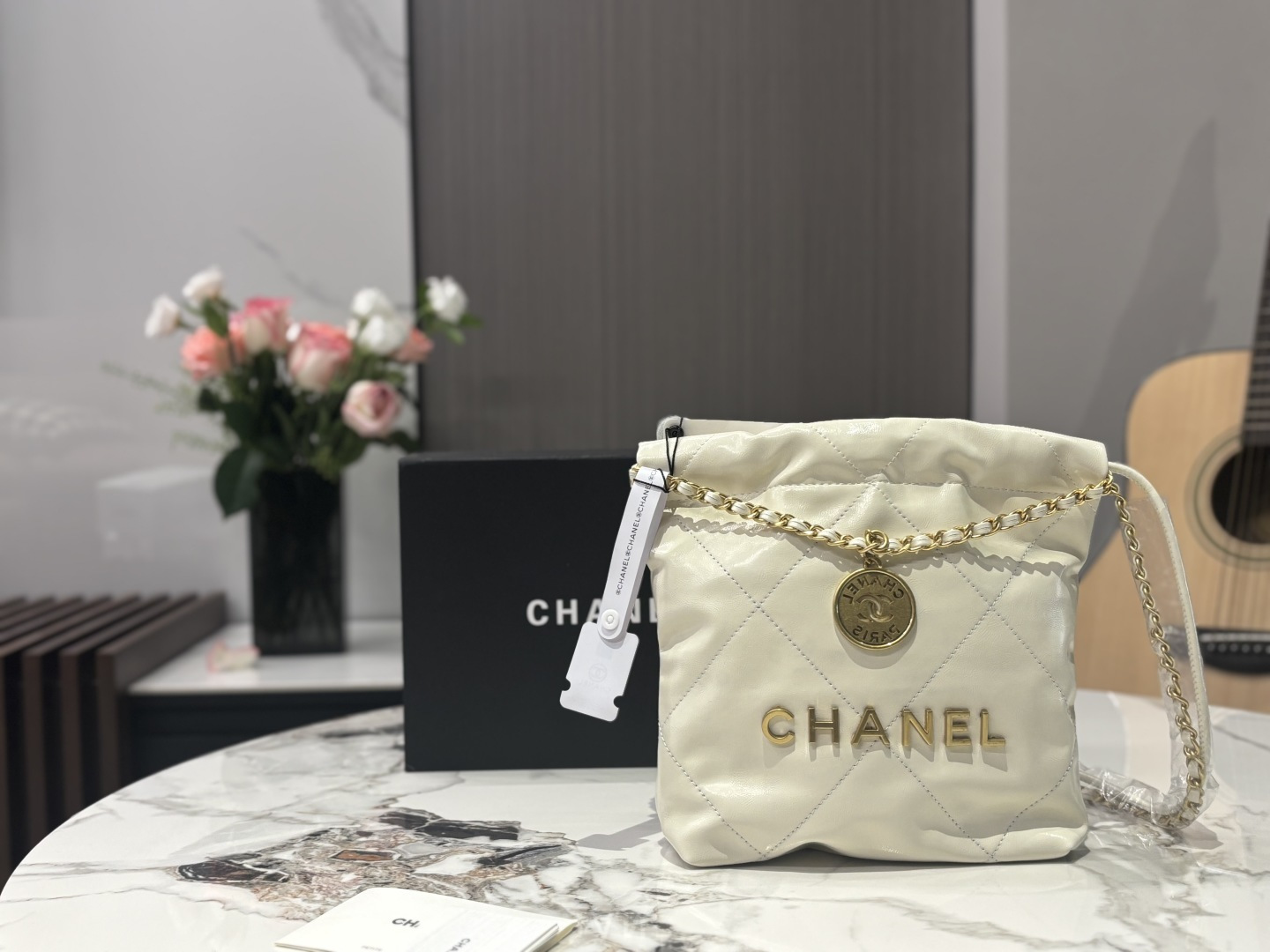 Chanel Mini 22 Bag Quilted Leather Drawstring Bucket Bag, 20 cm