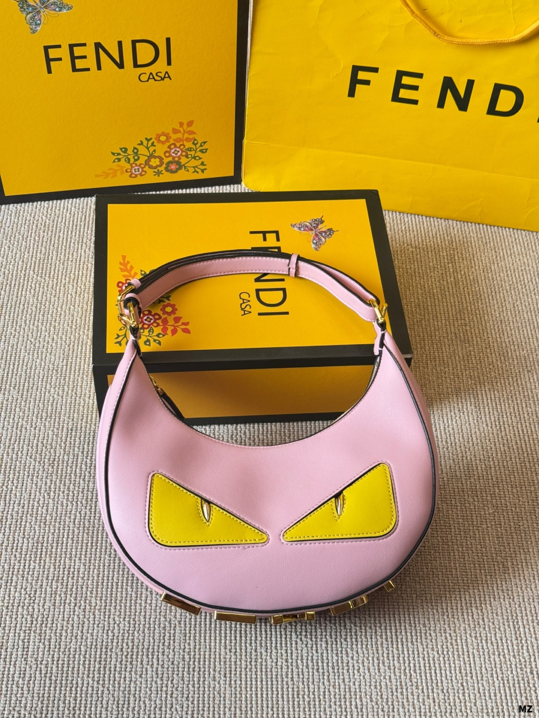 Fendi Fendigraphy Small Hobo Bag, Pink Leather with Yellow Monster Eyes