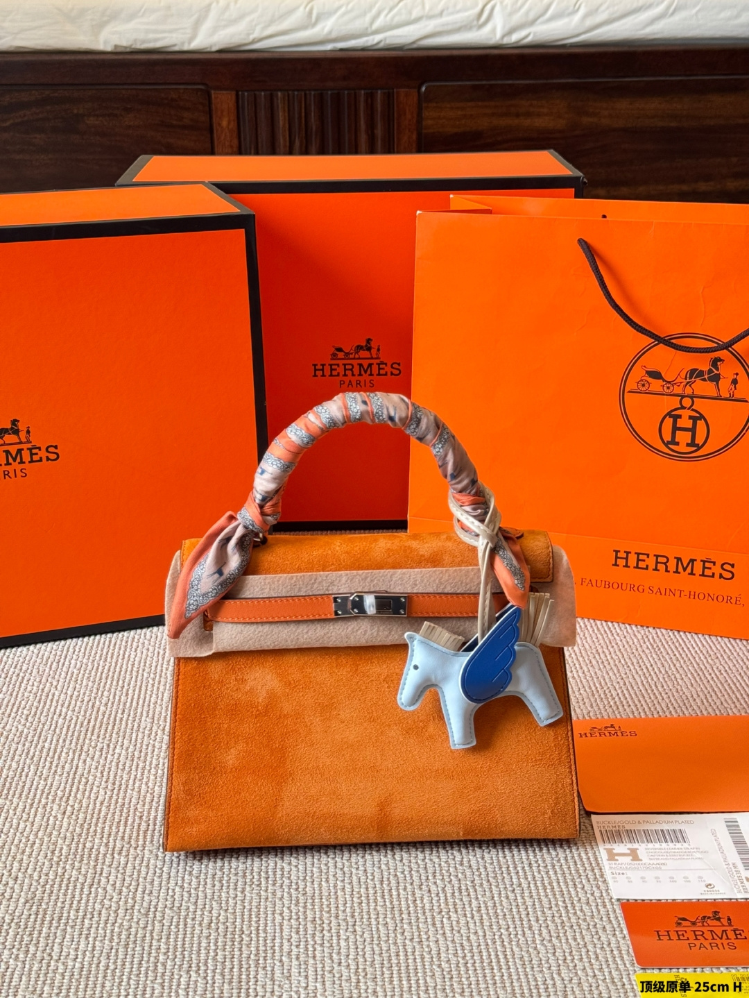 Hermes Kelly 25 Suede Pink Orange 25cm top handle everyday