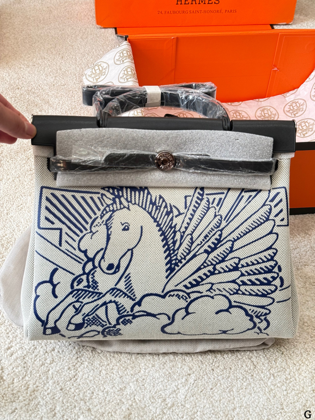 Hermes Herbag Ecru canvas with blue print and black leather everyday