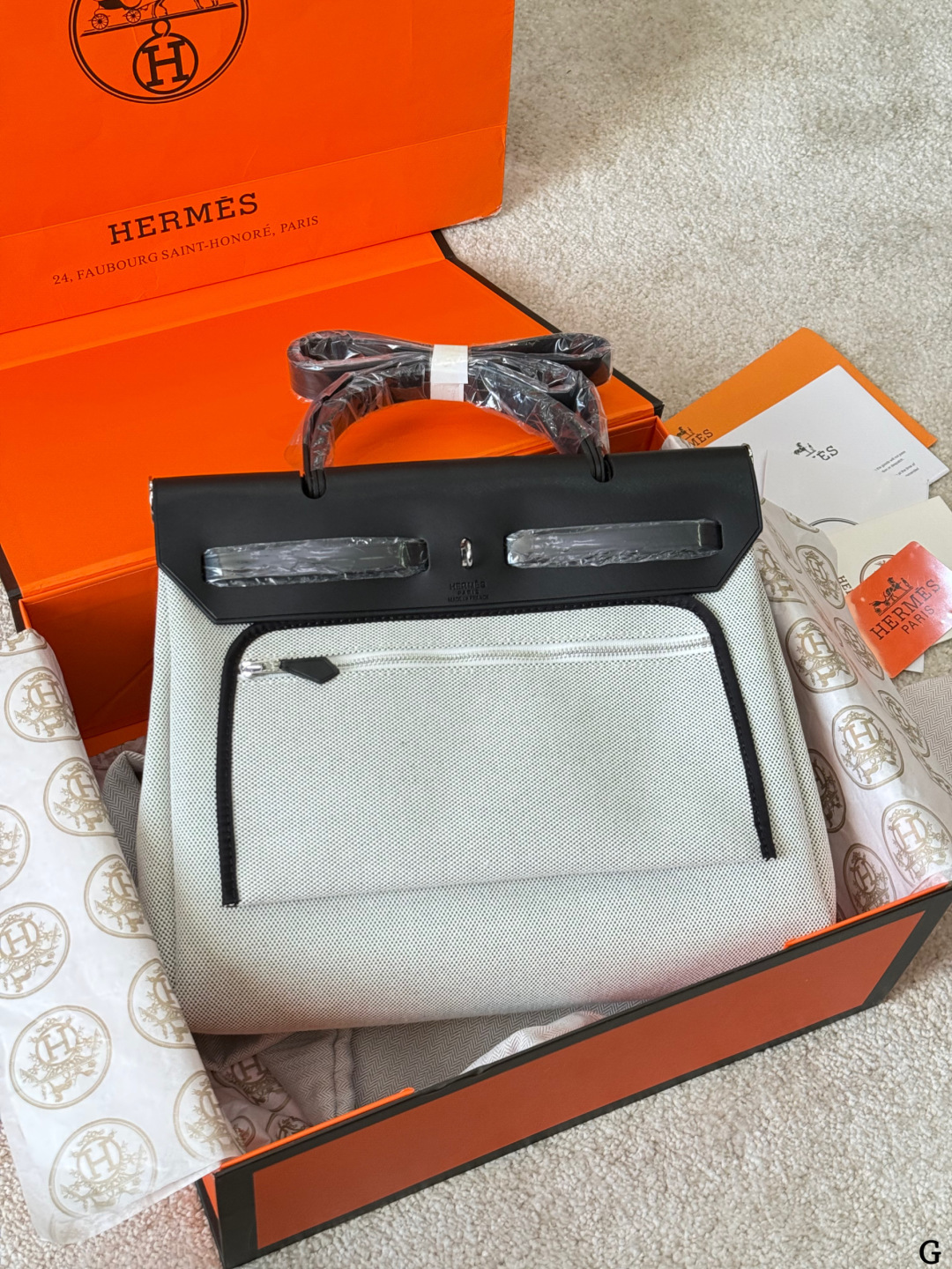 Hermes Herbag Ecru canvas with blue print and black leather everyday