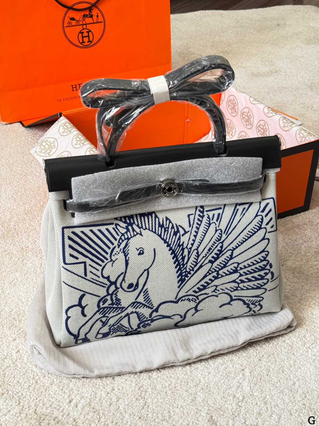 Hermes Herbag Ecru canvas with blue print and black leather everyday