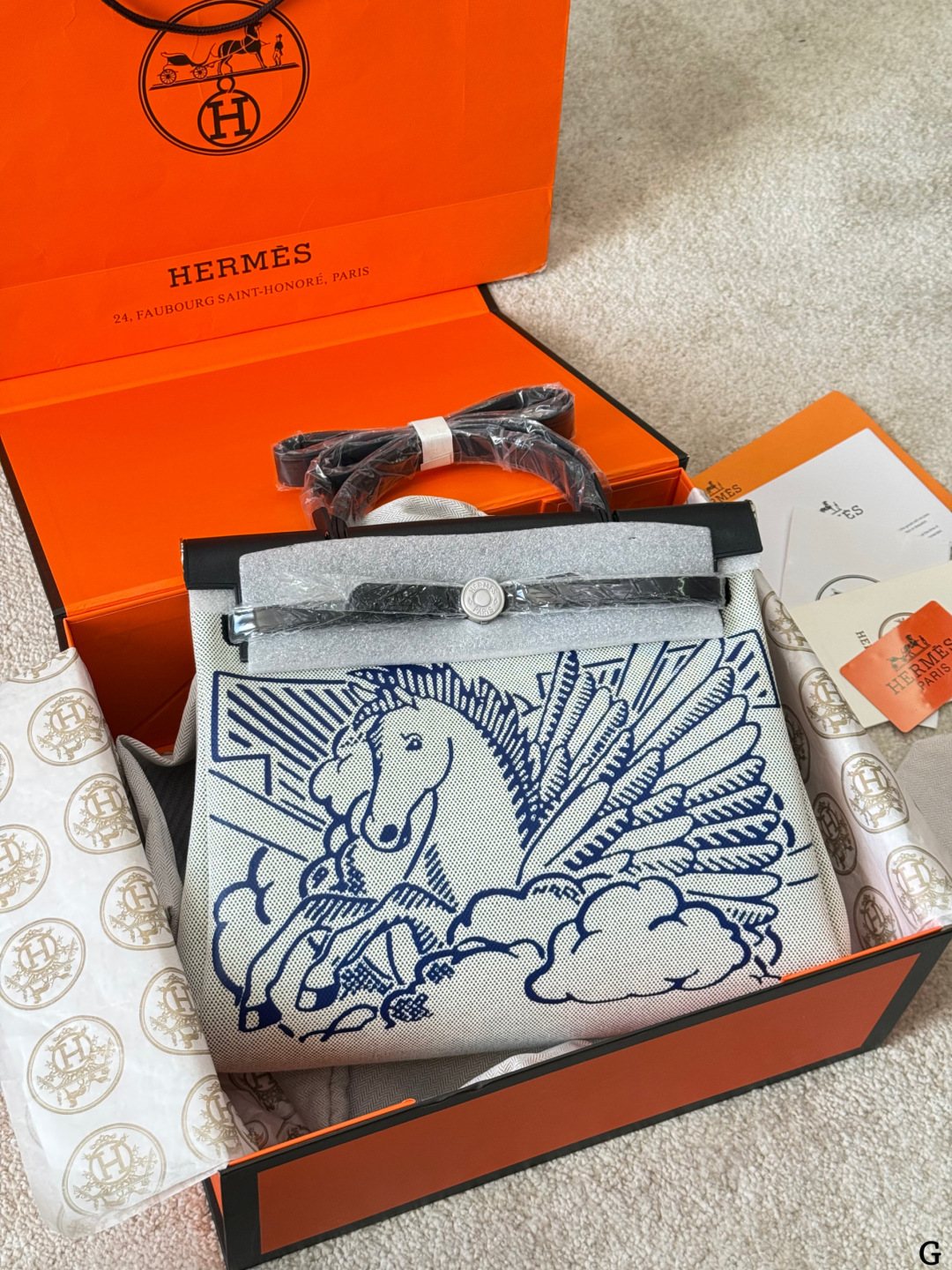 Hermes Herbag Ecru canvas with blue print and black leather everyday