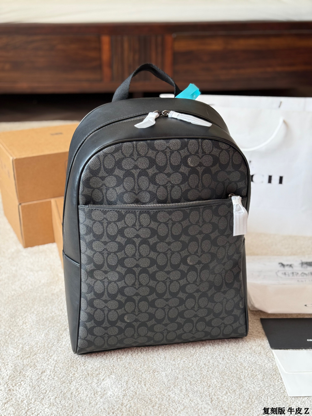Réplica cuero COACH 蔻驰 Gotham mochila Mochila de la serie Gotham de COACH, lona de monograma clásico + ribete de cuero …