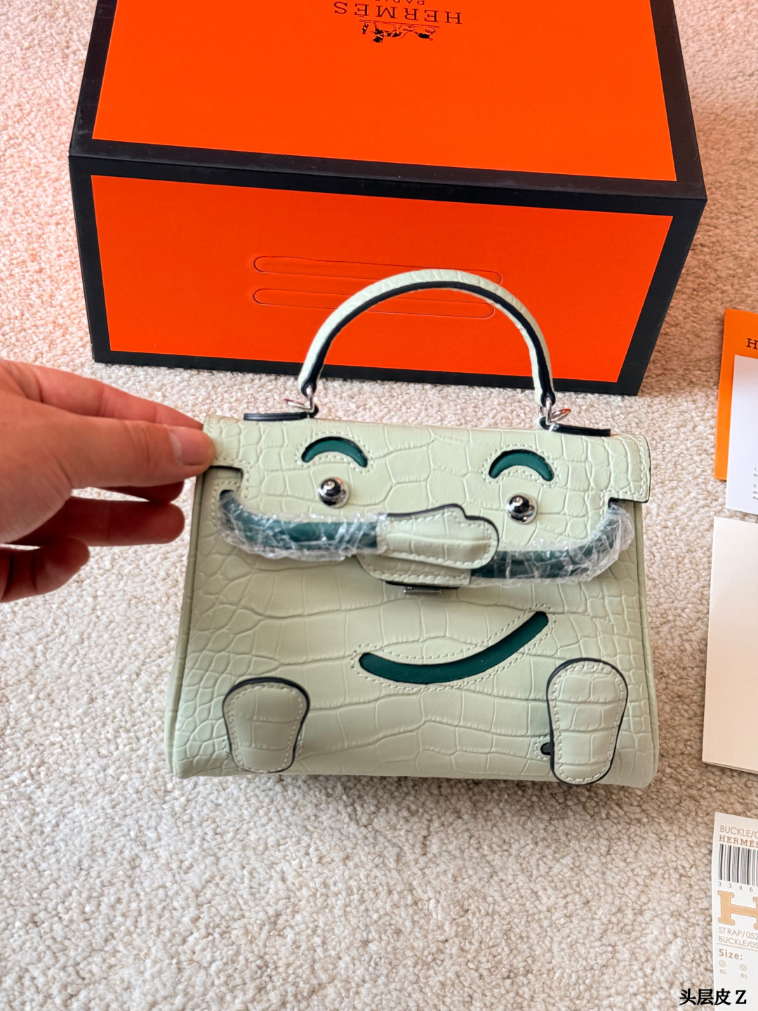 Hermes Kelly Doll Off-white crocodile embossed leather with green accents crossbody everyday