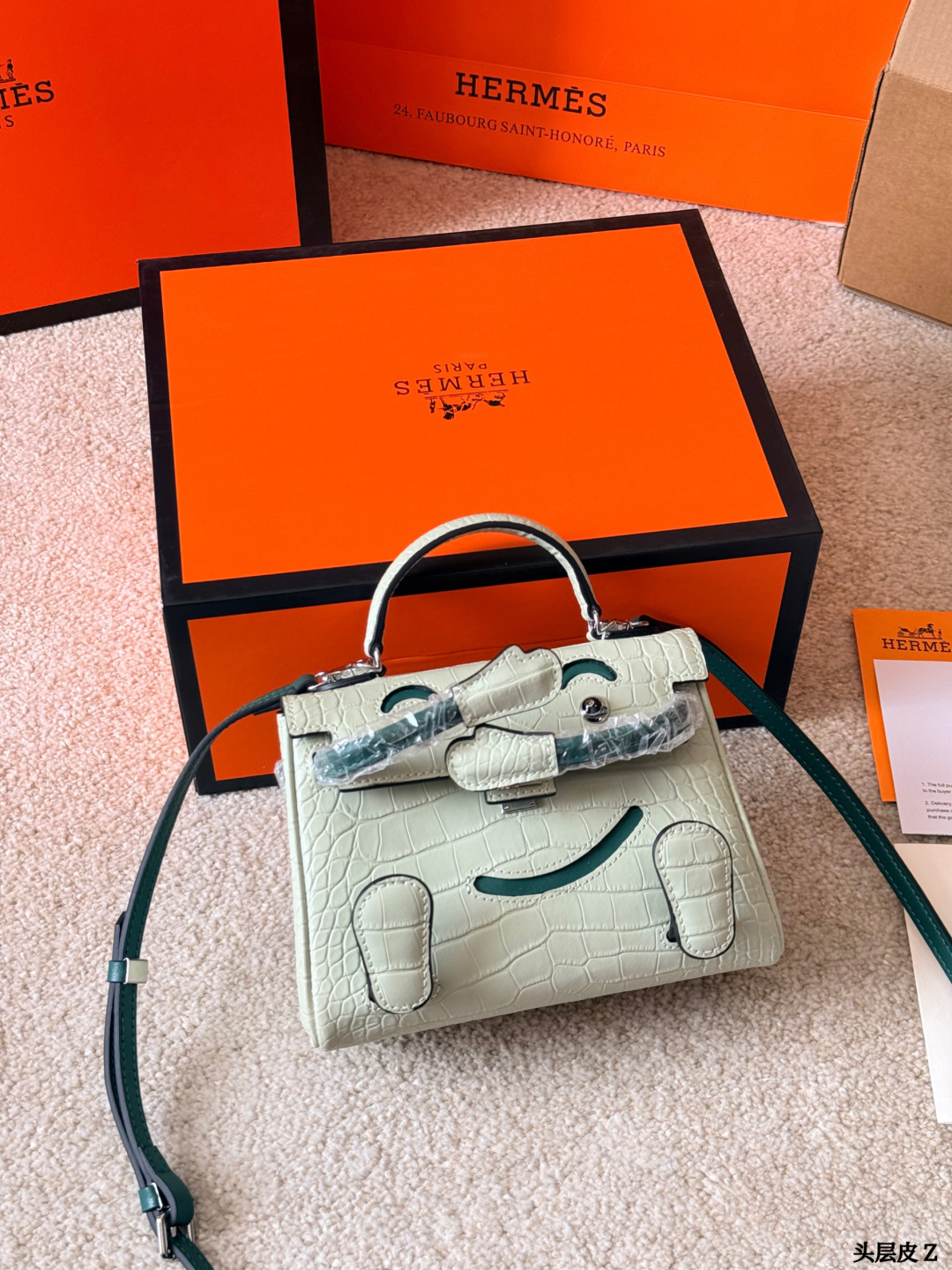 Hermes Kelly Doll Off-white crocodile embossed leather with green accents crossbody everyday
