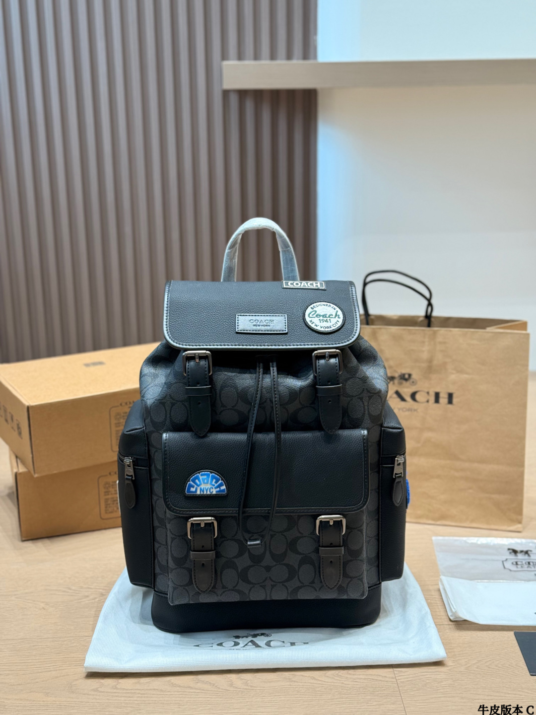 Versión en piel Mochila COACH Sprint con insignias COACH Sprint serie mochila, clásico estampado negro + insi…