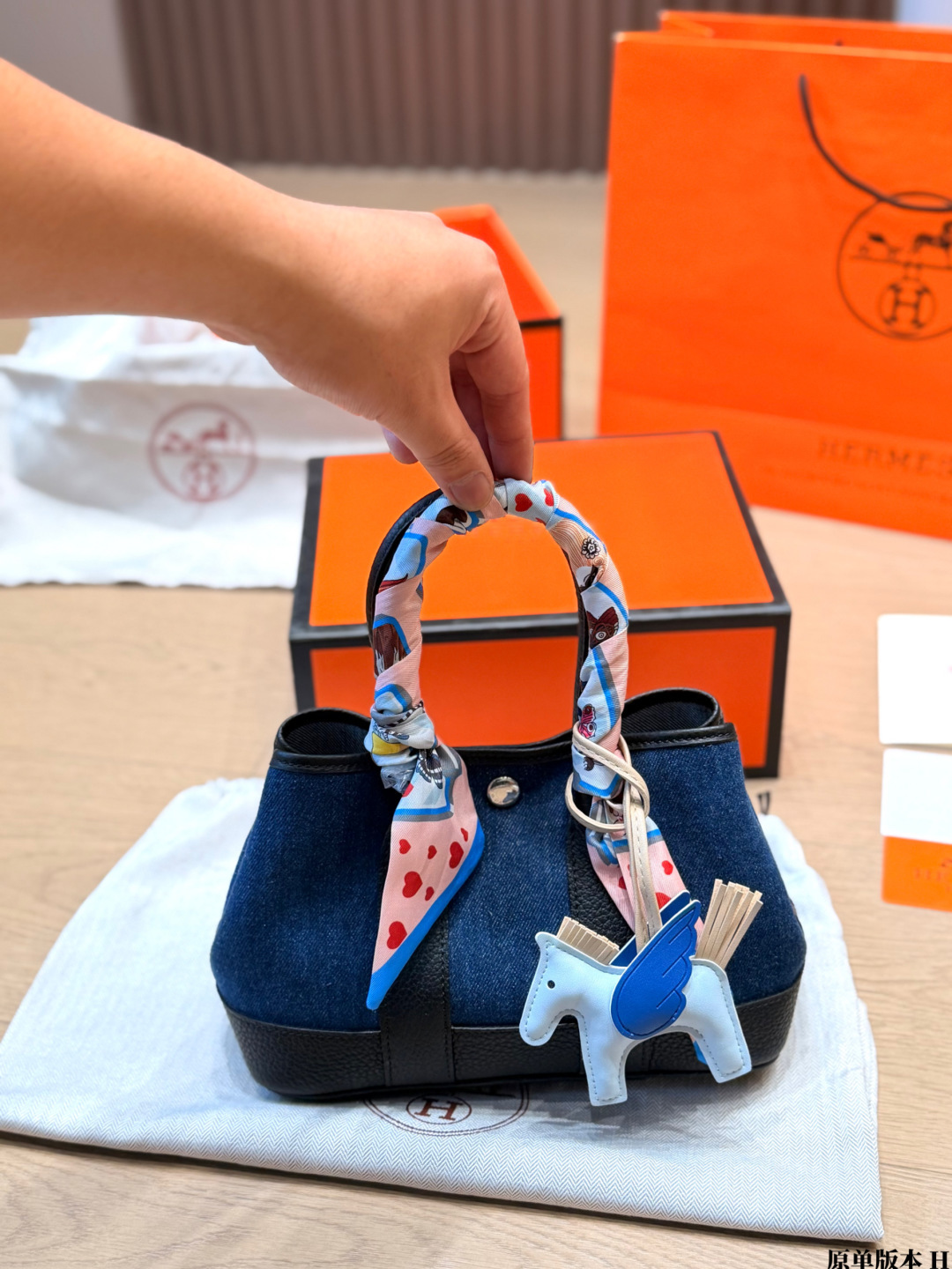 Hermes Garden Party Blue denim and Black leather everyday