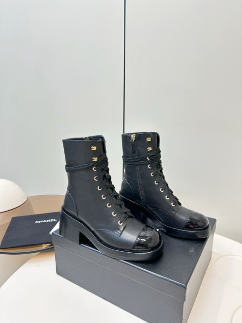 Chanel Women's Black Leather Ankle Boots, Lace-Up, Lug Sole, Block Heel 1 Chanel Women's Black Leather Ankle Boots, Lace-Up, Lug Sole, Block Heel