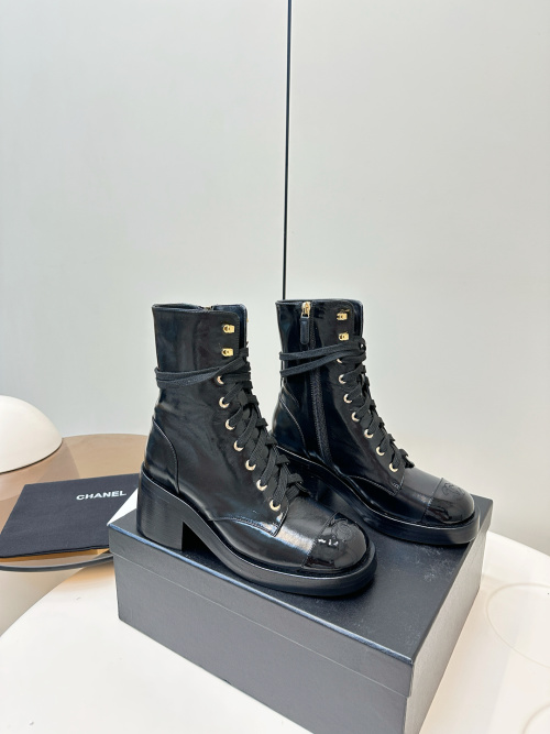 Chanel Women's Black Leather Ankle Boots Lace-Up Block Heel, Size 35-40 1 Chanel Women's Black Leather Ankle Boots Lace-Up Block Heel, Size 35-40