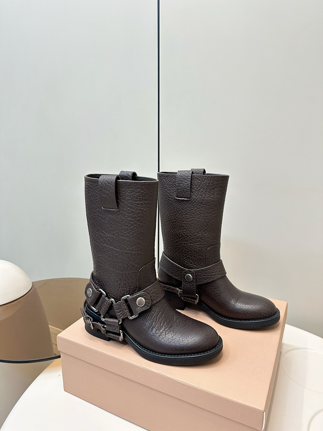 Miu Miu Women's Brown Leather Biker Boots with Buckle Details - Size 35-40