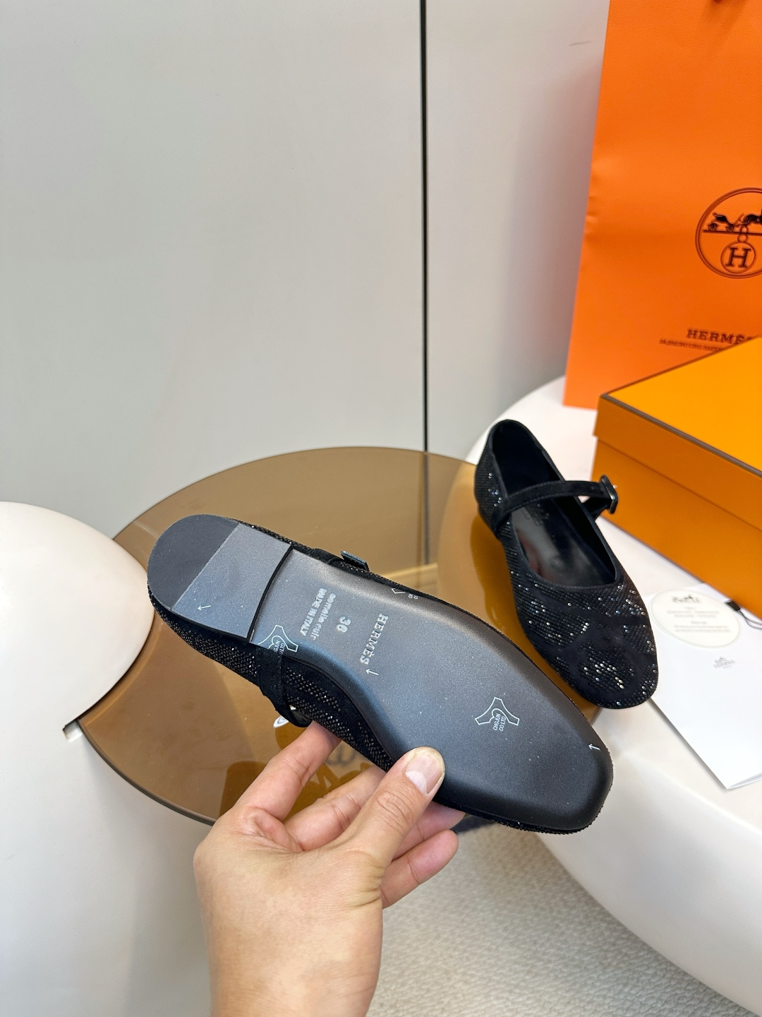 Hermès HERMES｜爱马仕2025秋冬水钻玛丽珍平底鞋