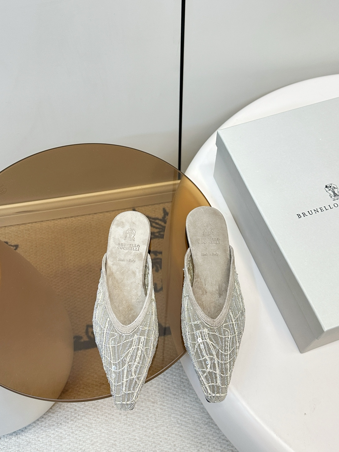 Brunello Cucinelli Brunello Cucinelli 26ss新品手工缝珠刺绣网纱拖鞋
