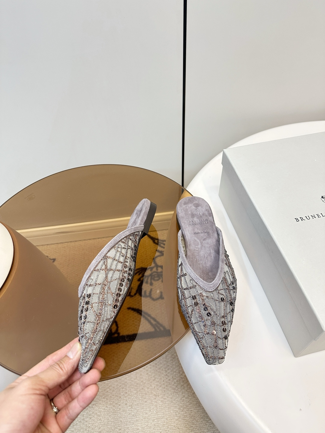 Brunello Cucinelli Brunello Cucinelli 26ss新品手工缝珠刺绣网纱拖鞋