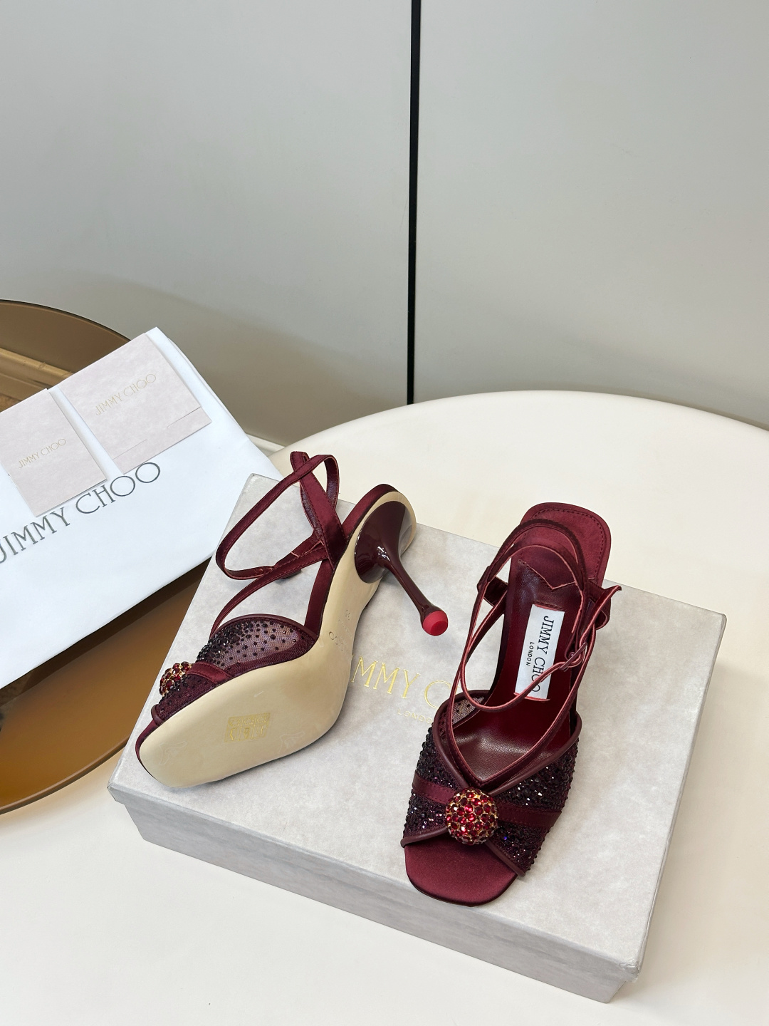 Jimmy Choo ​​Jimmy Choo 网纱烫钻 高跟凉鞋​​