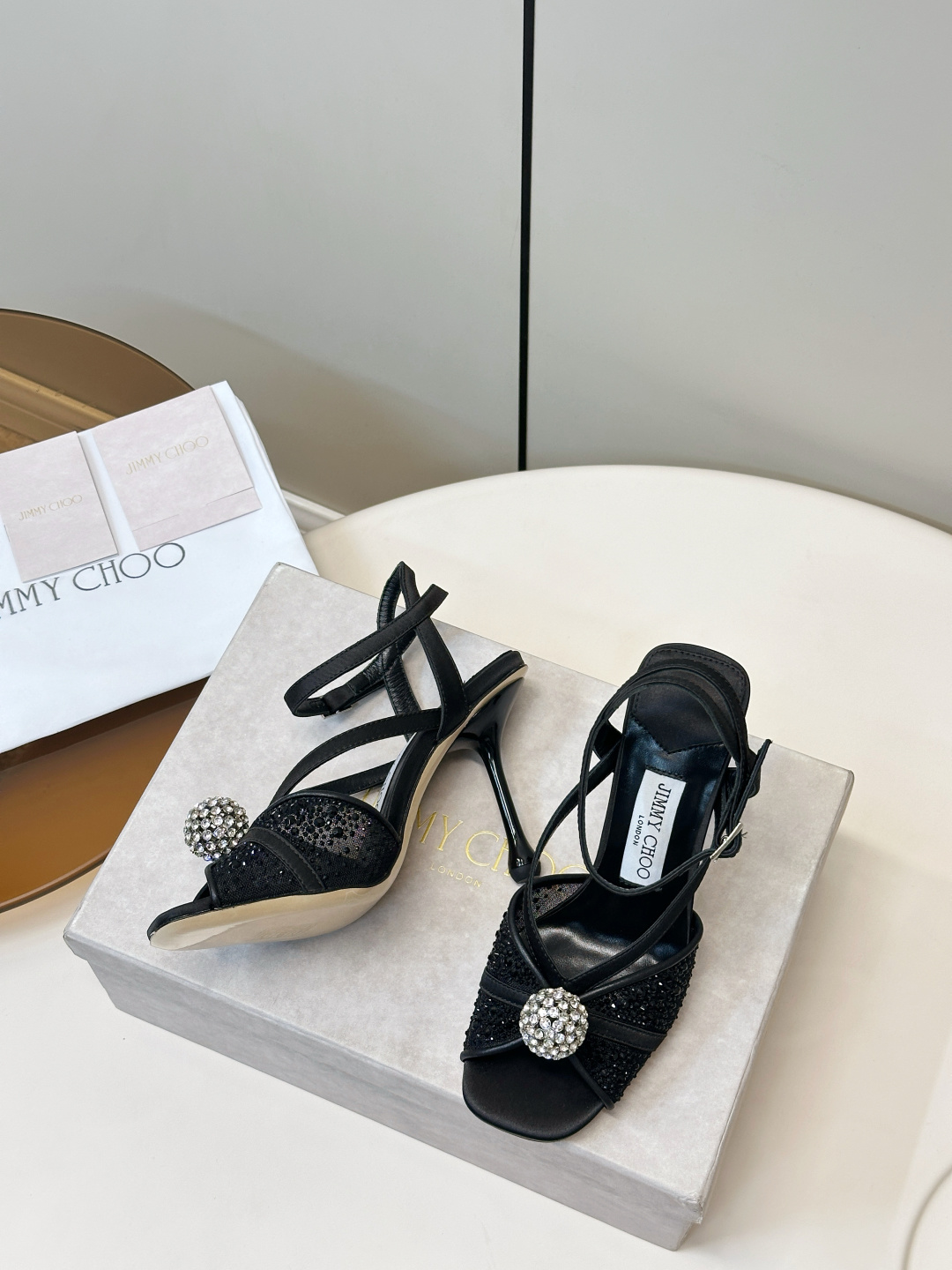 Jimmy Choo ​​Jimmy Choo 网纱烫钻 高跟凉鞋​​