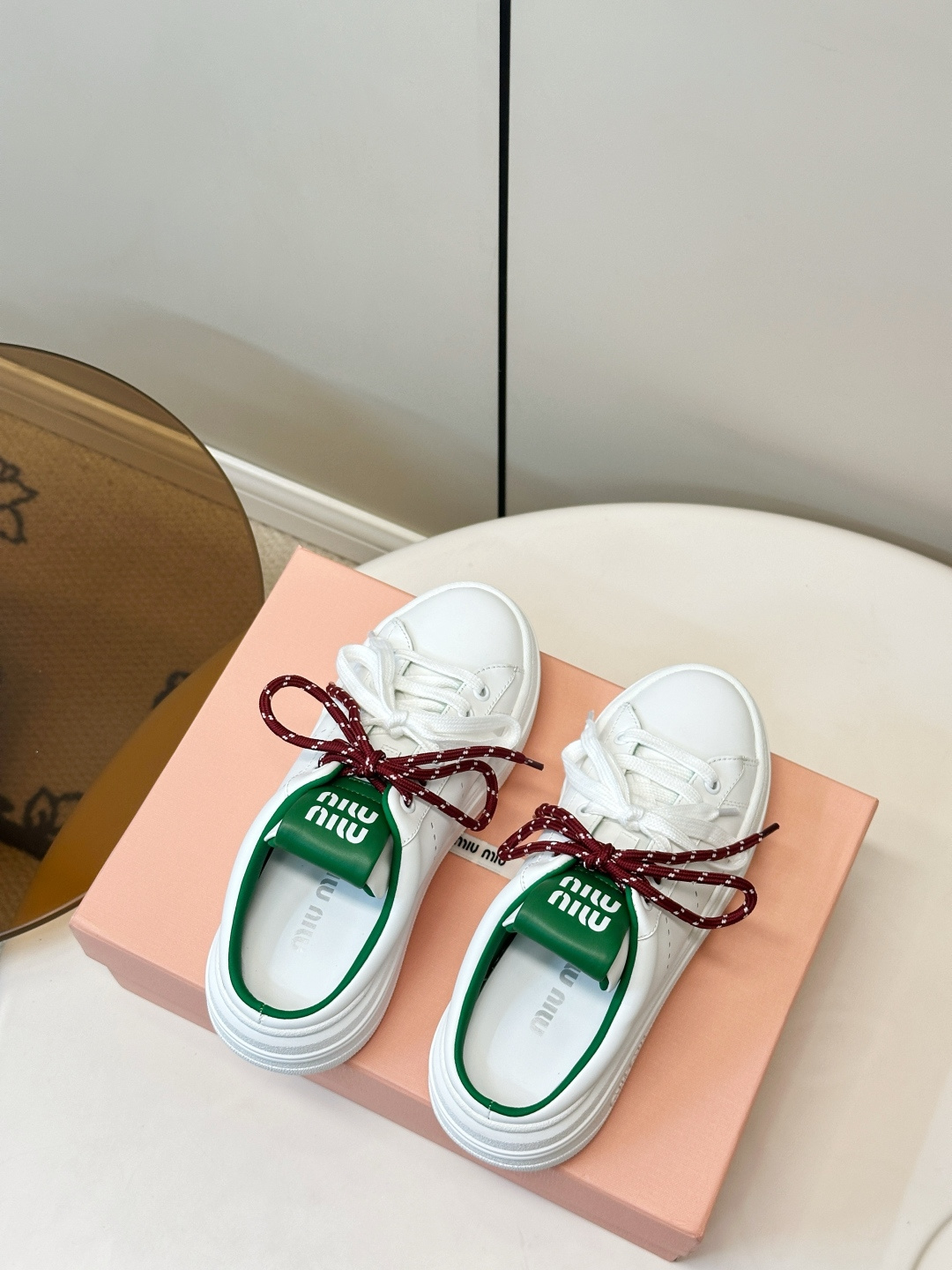 Miu Miu White Green Double Laces Sneakers