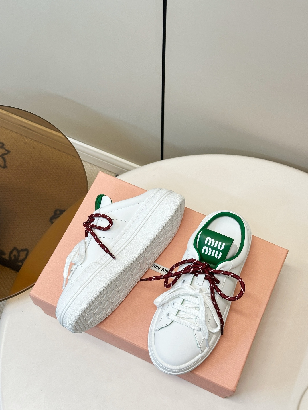 Miu Miu White Green Double Laces Sneakers