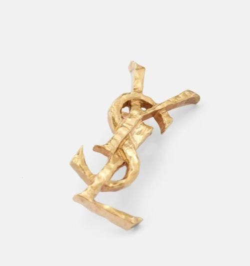 Yves Saint Laurent Gold-Tone Brass YSL Logo Brooch Pin, Refined Elegance 1 Yves Saint Laurent Gold-Tone Brass YSL Logo Brooch Pin, Refined Elegance