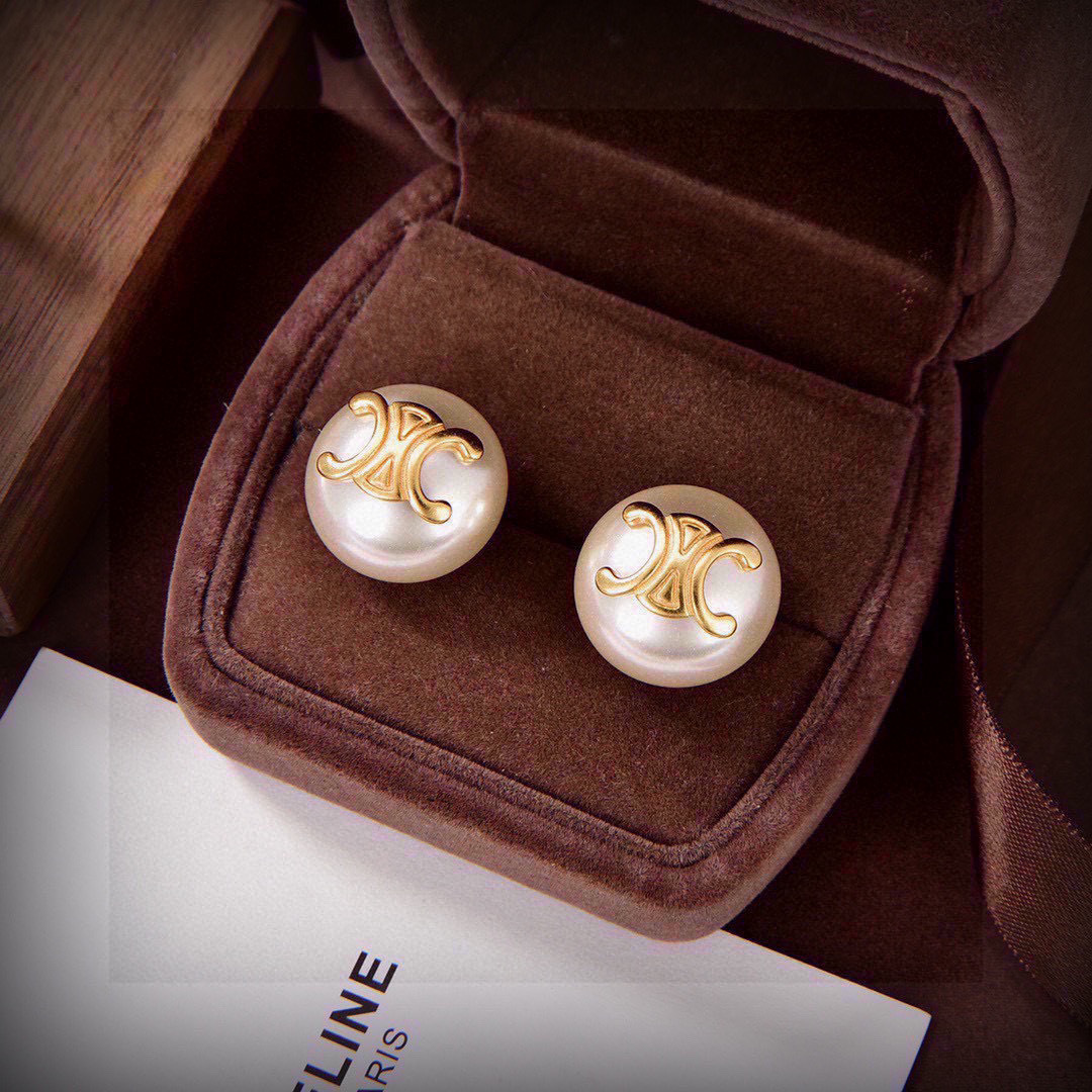 Celine Triomphe Pearl Stud Earrings, Gold-Tone Finish Brass & Pearl, White 5 cmp i1747715248965 402 0 3