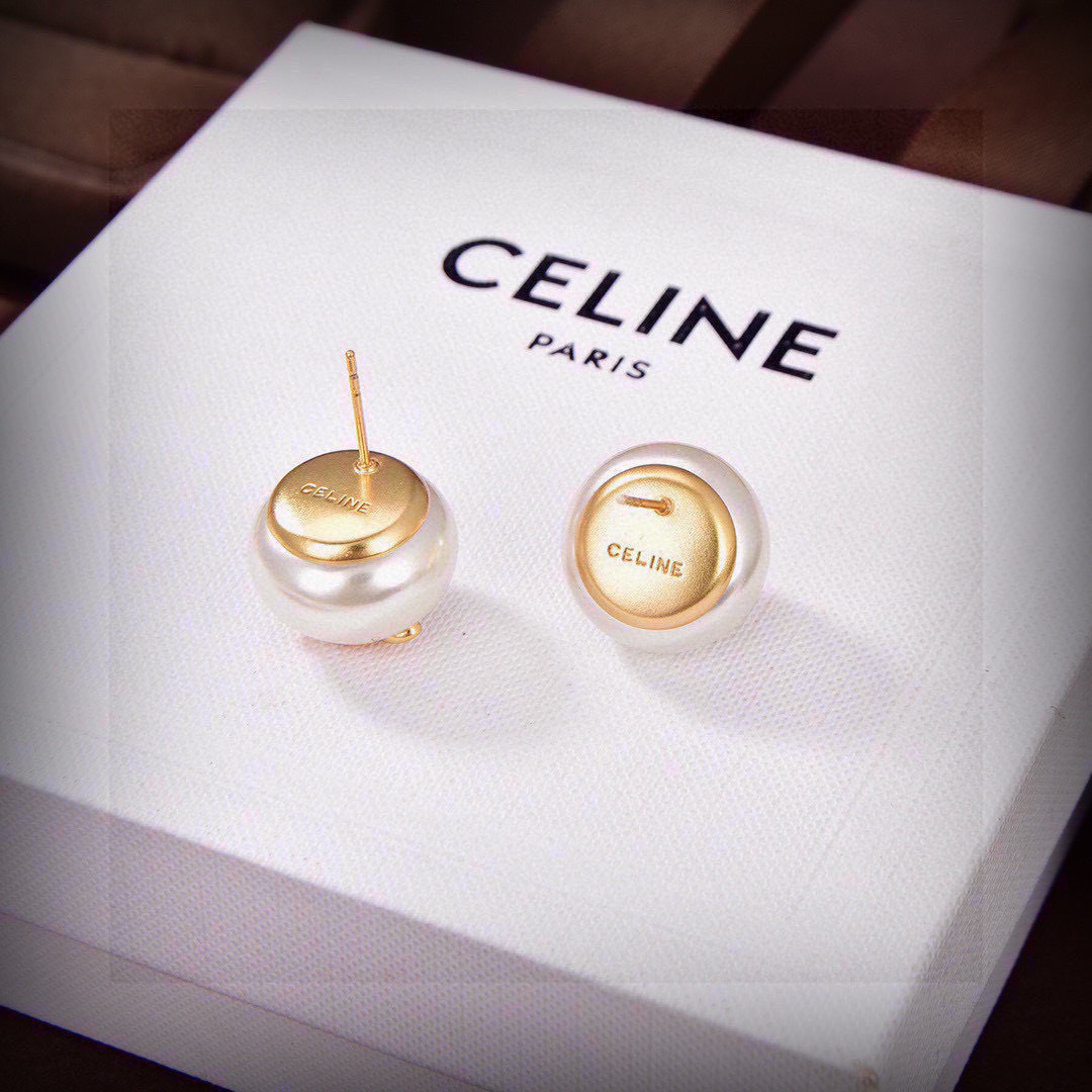 Celine Triomphe Pearl Stud Earrings, Gold-Tone Finish Brass & Pearl, White 3 cmp i1747715248965 4833 0 1
